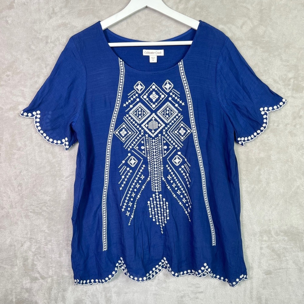 Coldwater Creek Tunic Top Medium Blue Embroidered Coastal Resort Beachy